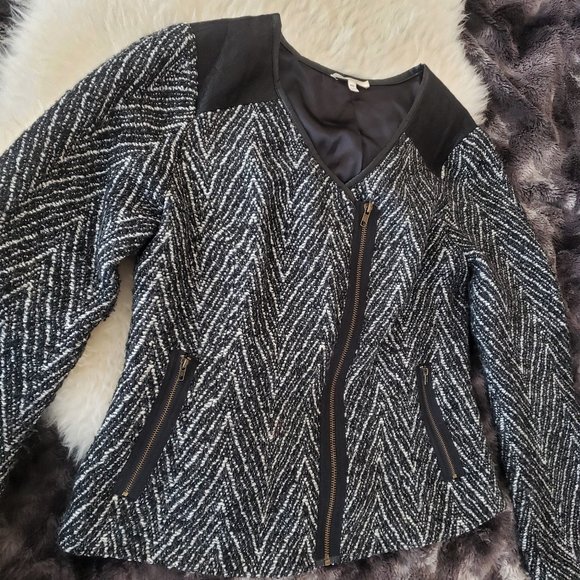 Tweed Moto Blazer with Quilted Faux Leather Detail - Sz M - Picture 4 of 12